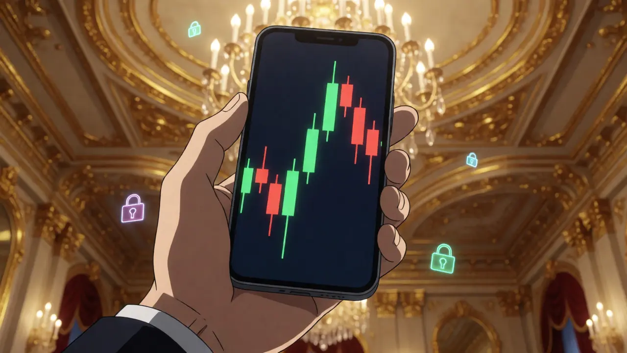 Hand holding phone with crypto chart at luxury gala
