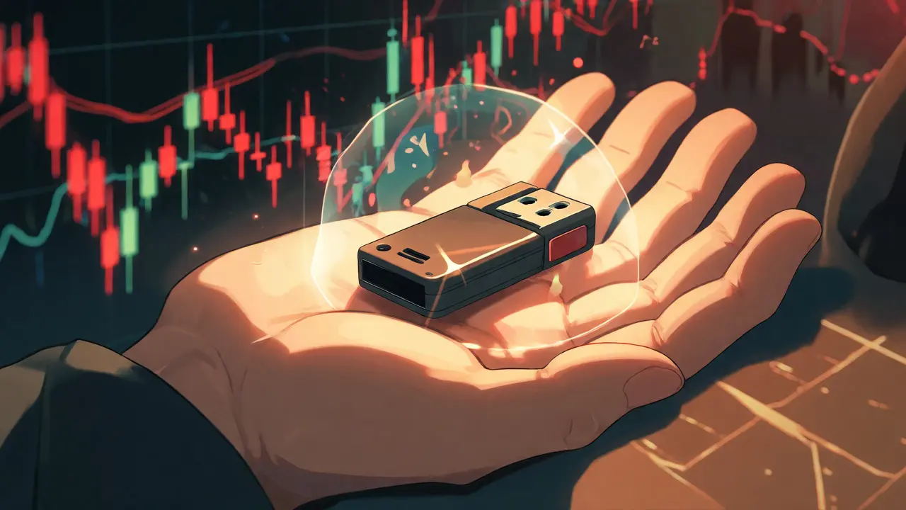 Hand protecting a hardware wallet from volatile market chaos in anime style