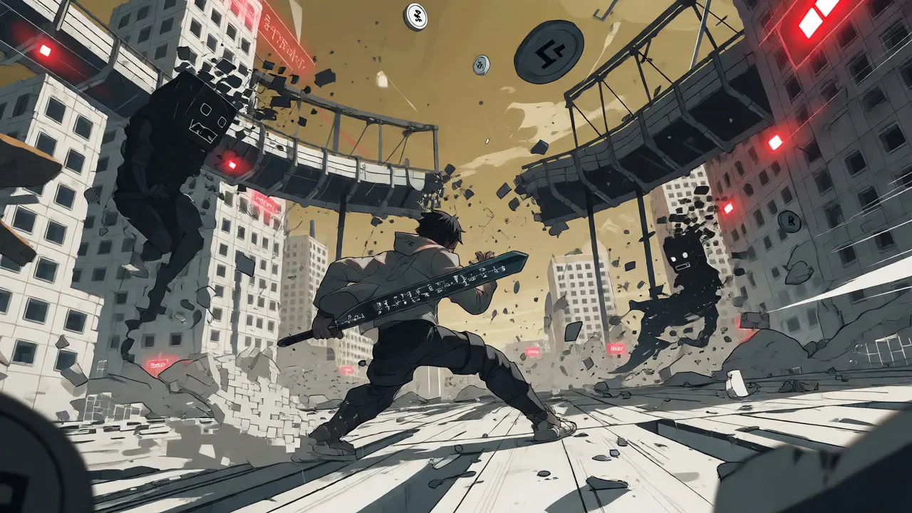 Hero fighting pixelated NFT monsters in a collapsing, empty virtual metaverse.