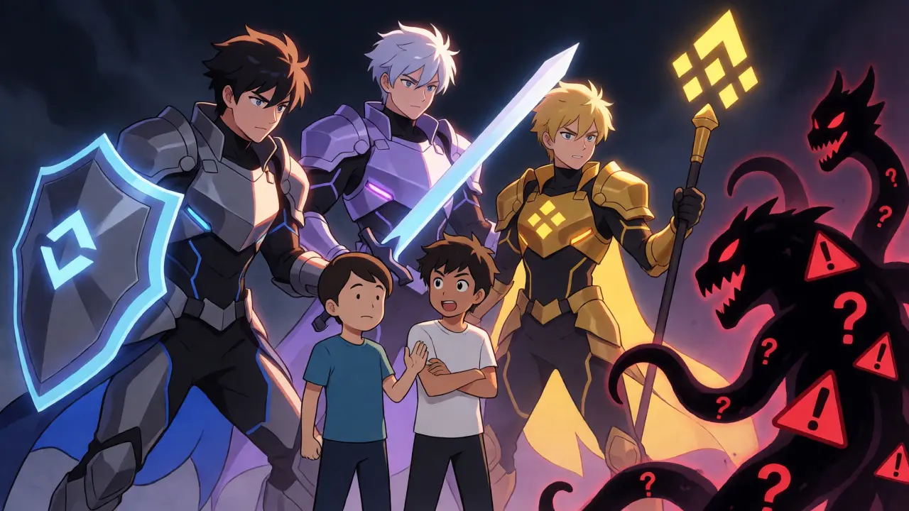 Heroic anime exchange guardians protecting a trader from fake Minter scams.
