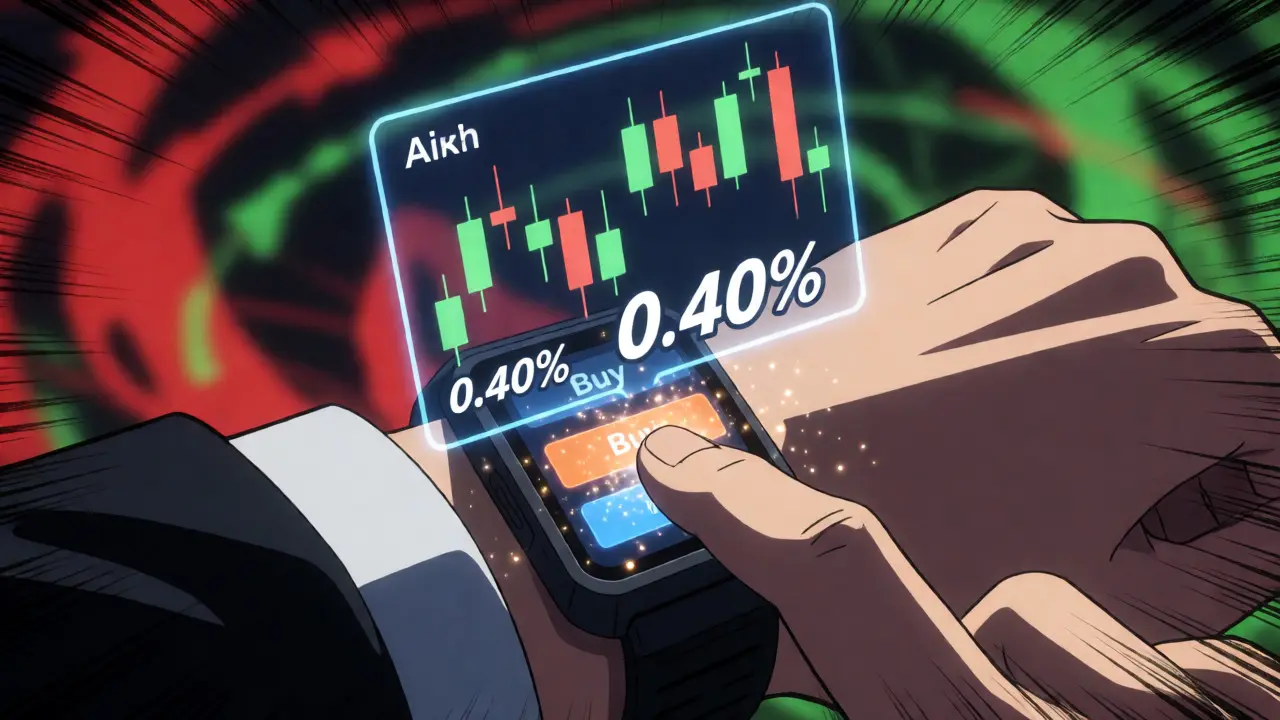 Holographic trading interface with fee details in anime style