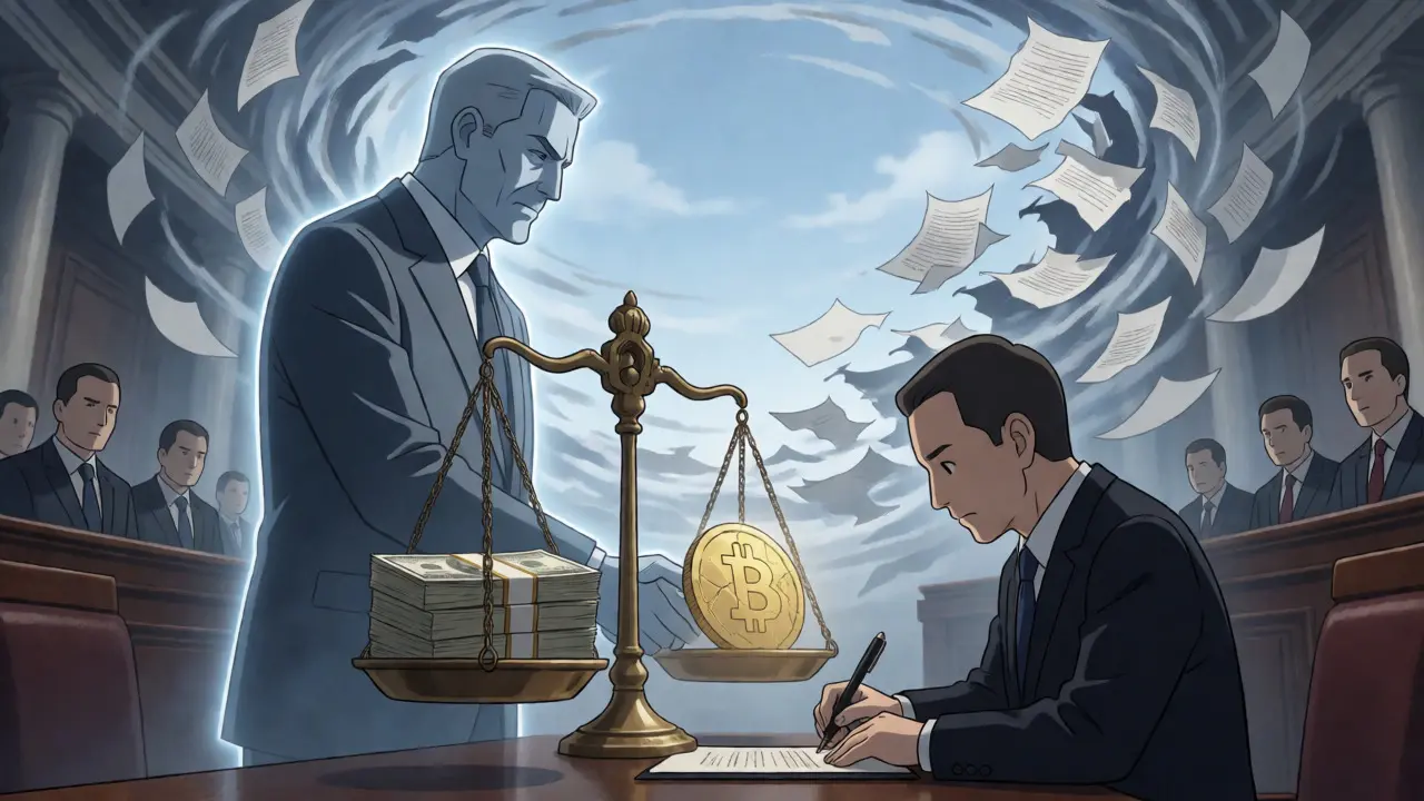 IMF representative overseeing the reversal of Bitcoin law in an anime legislature.