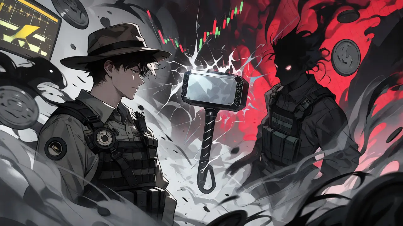 Investigator confronting shadowy scam figures with a cracking hammer