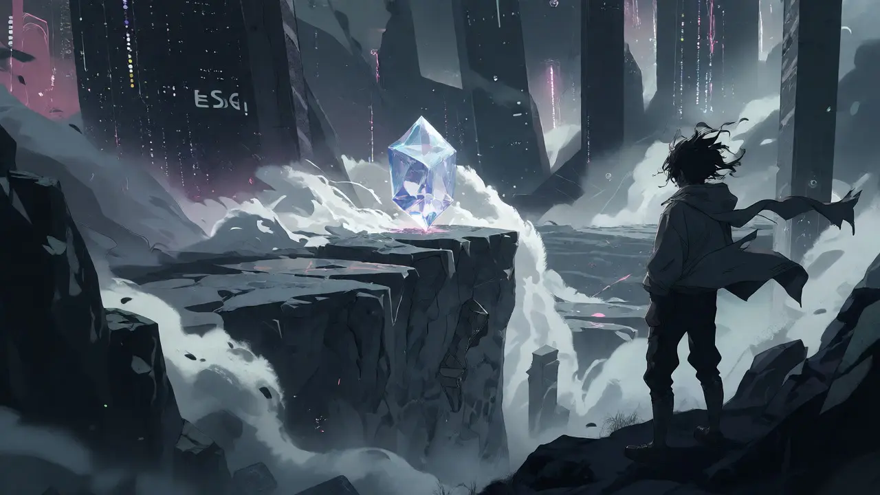 Lone trader overlooking a fragile crypto asset on a jagged cliff