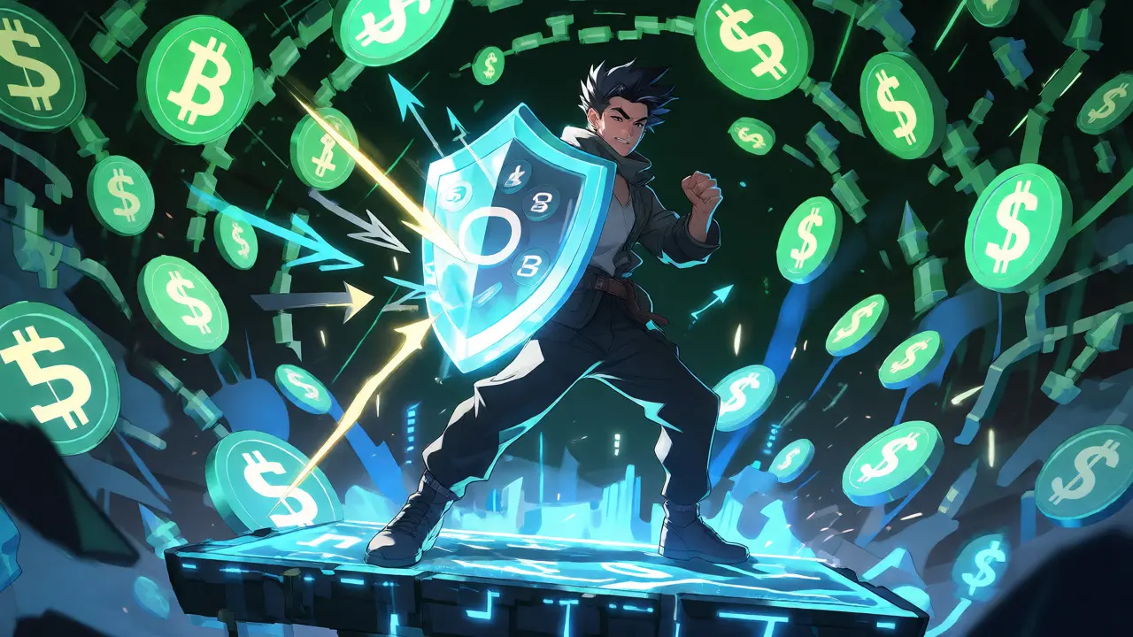 Merchant protected from volatility by stablecoin shield in anime style