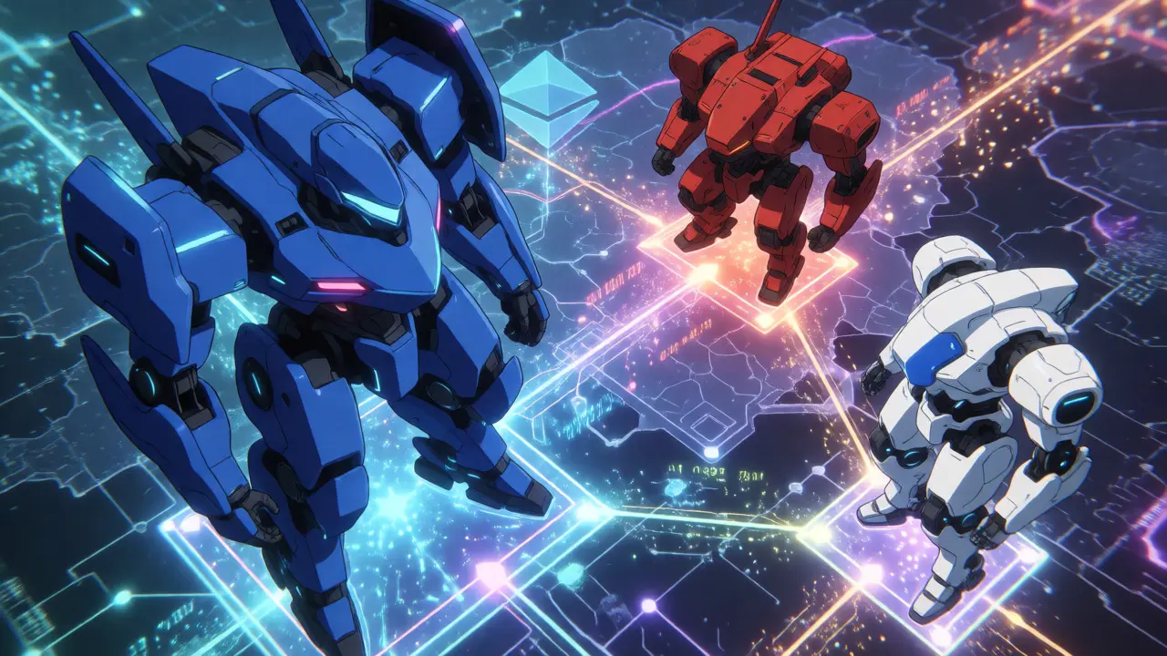 Overhead anime view of three rival crypto factions battling over a holographic blockchain map.
