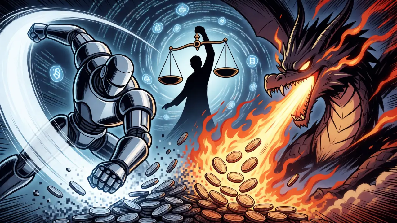 Robot and dragon battling coin piles, symbolizing BNB and AVAX burn mechanisms.