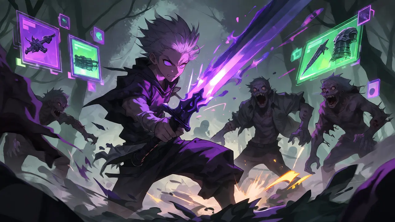 Shounen anime combat scene with NFT items and zombies