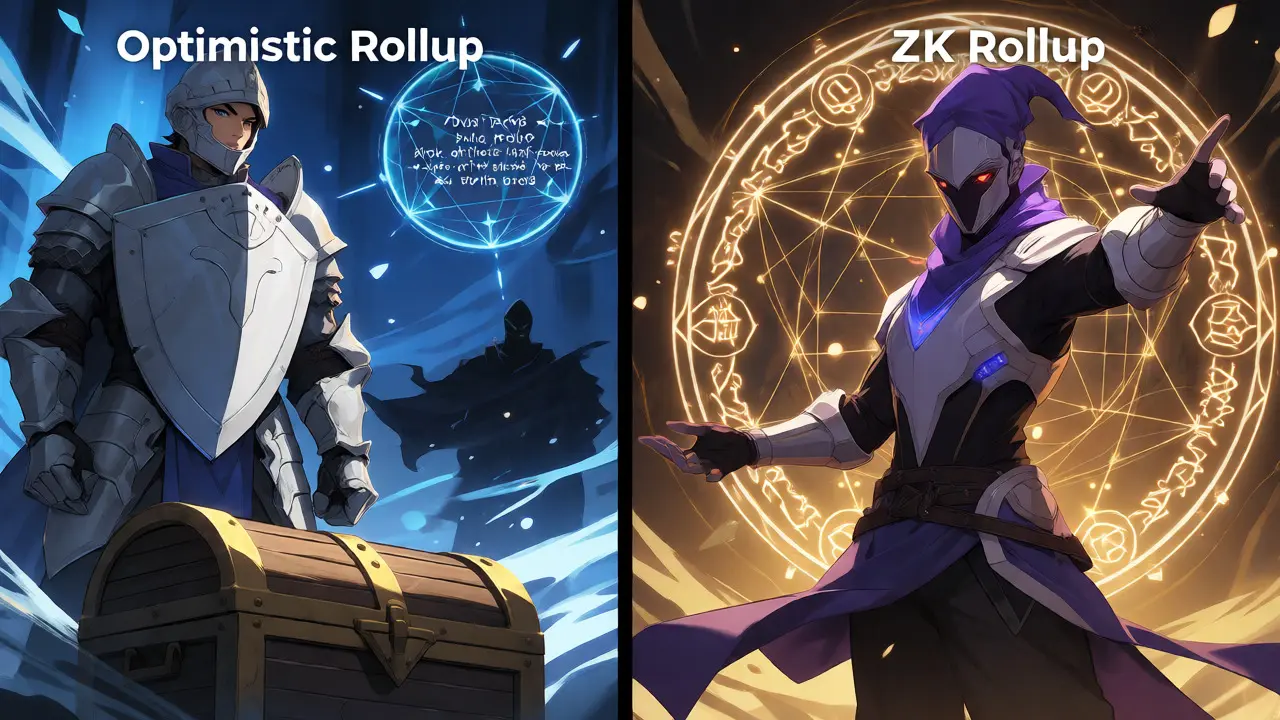 Split screen showing optimistic knight vs ZK mage rollup concepts