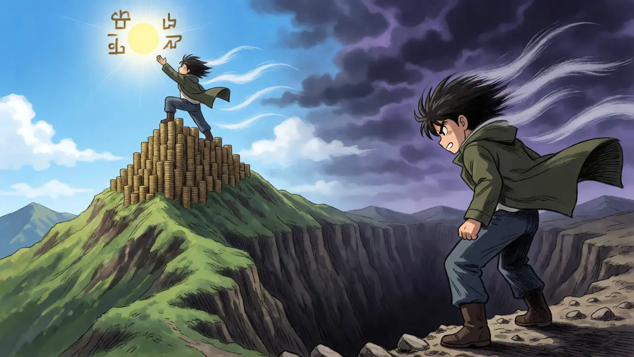 Trader balancing on rising and falling crypto mountains