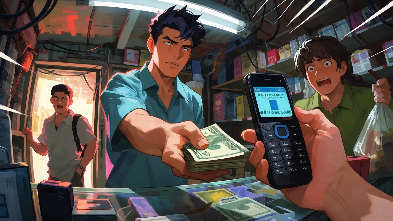 Underground crypto deal happening in a cluttered Kabul shop with nervous traders