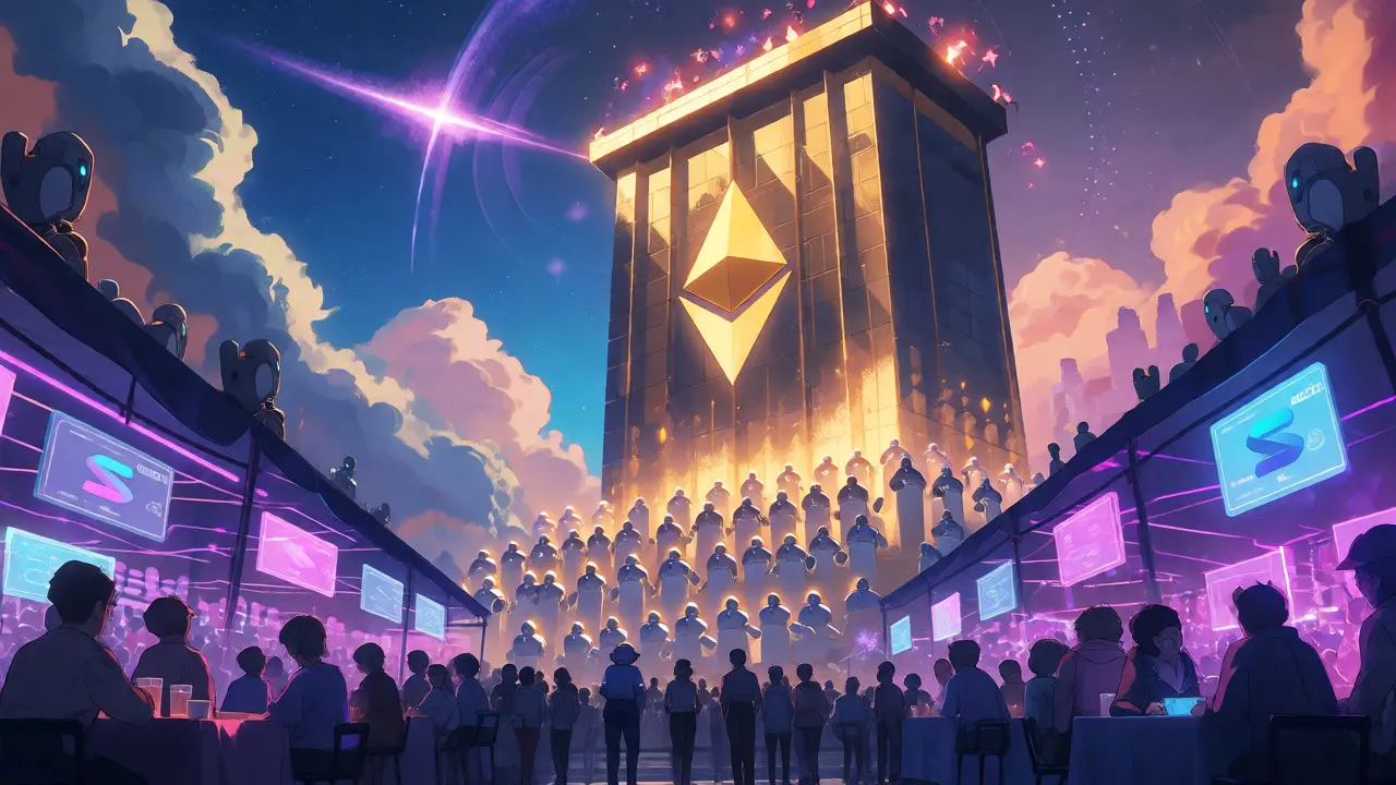 A golden vault surrounded by fast-moving light streams depicting future blockchain adoption.