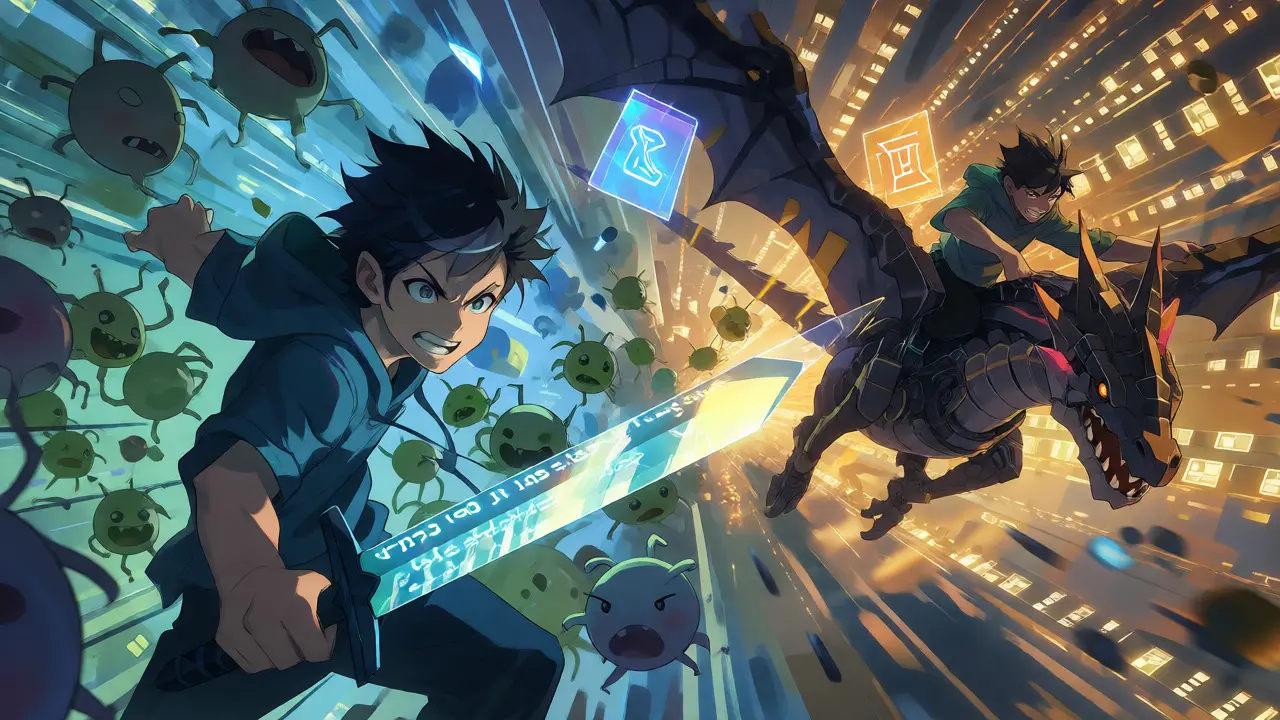 Developers battling code monsters and riding data dragons to show ecosystem differences.